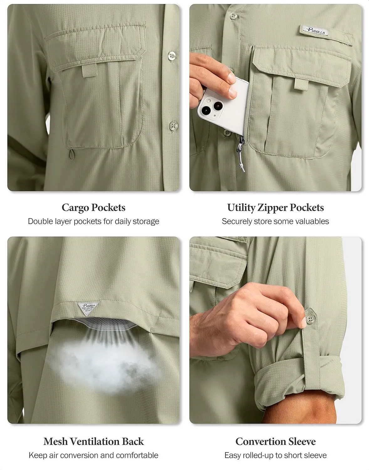 Men's Sun Protection Fishing Shirts Long Sleeve Travel Work Shirts for Men UPF50  Button Down Shirts with Zipper Pockets