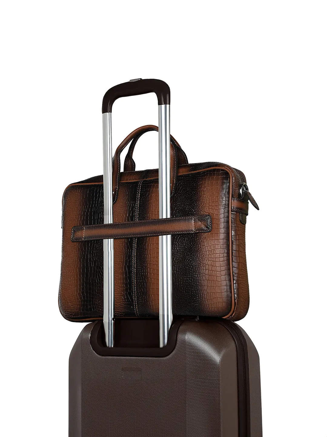 Men's Tan Italian Leather Dual Tone Laptop Bag with Shoulder Strap