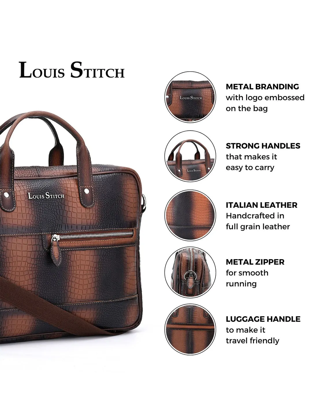 Men's Tan Italian Leather Dual Tone Laptop Bag with Shoulder Strap