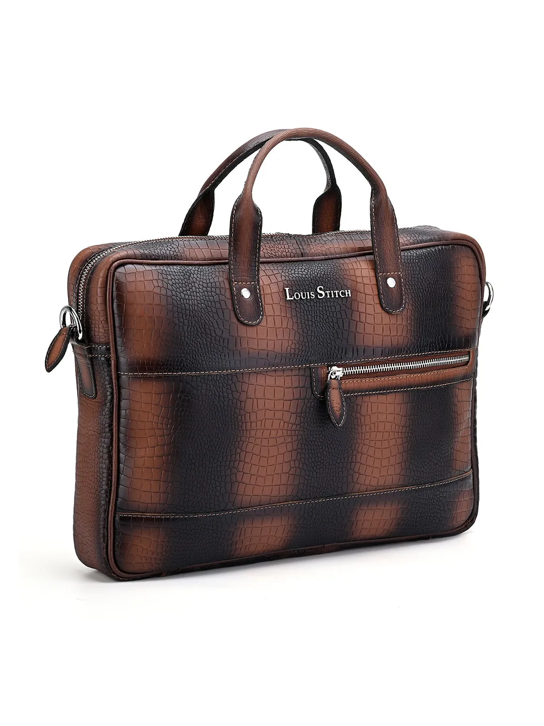 Men's Tan Italian Leather Dual Tone Laptop Bag with Shoulder Strap