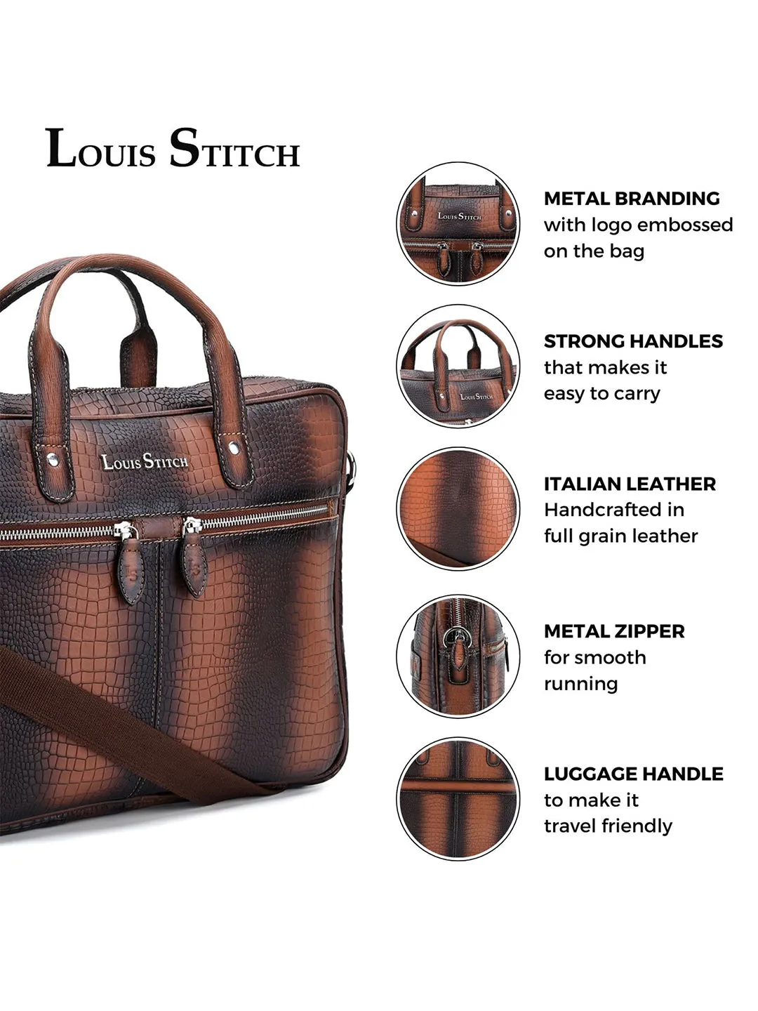 Men's Tan Italian Leather Dual Tone Laptop Bag with Shoulder Strap