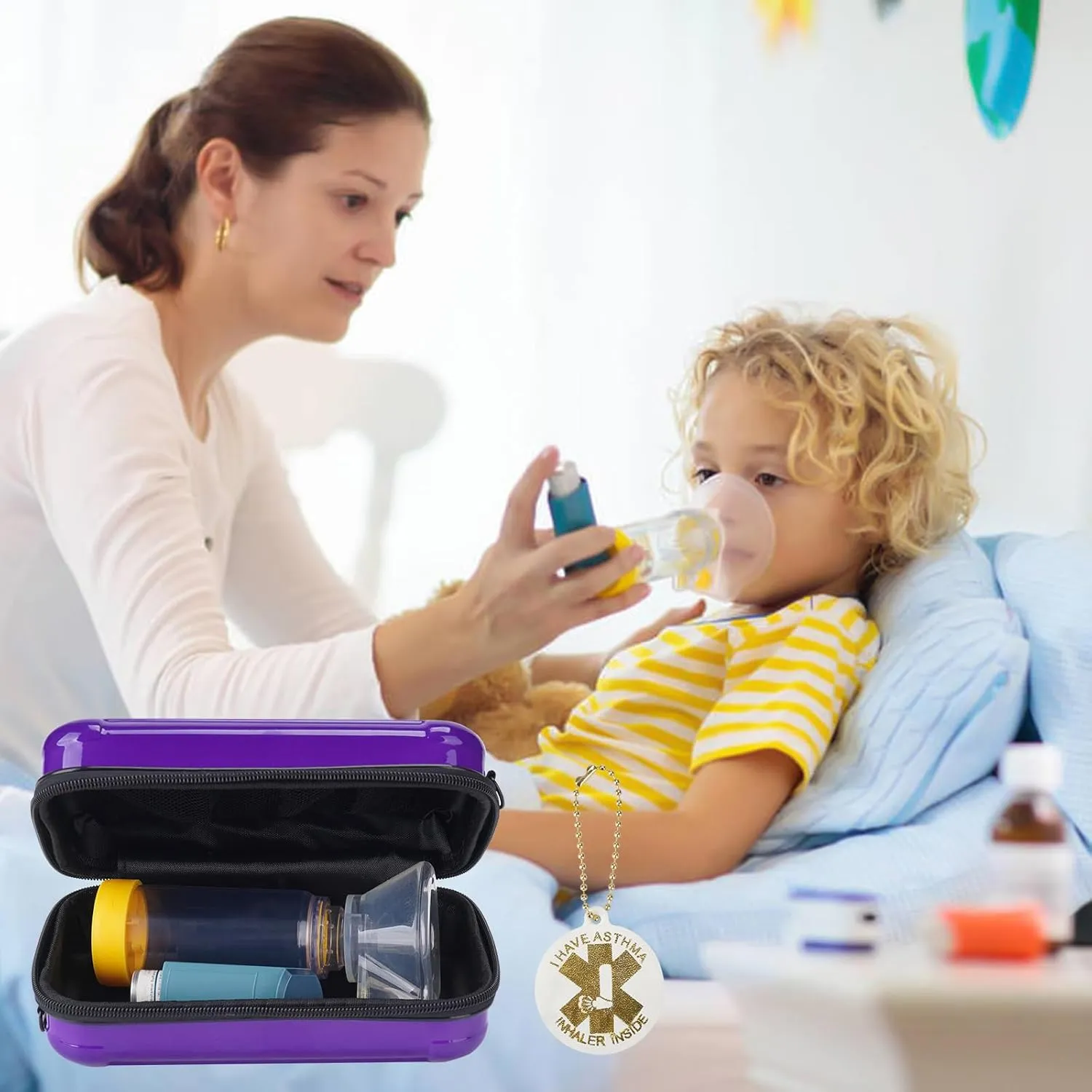 MGZNMTY Travel Carrying Case for Asthma Inhaler, Inhaler Spacer for Kids and Adults, Masks, Inhaler Holder Bag with Shoulder Crossbody Rope and Mesh Pocket for Medicine (Only Case) (Purple)