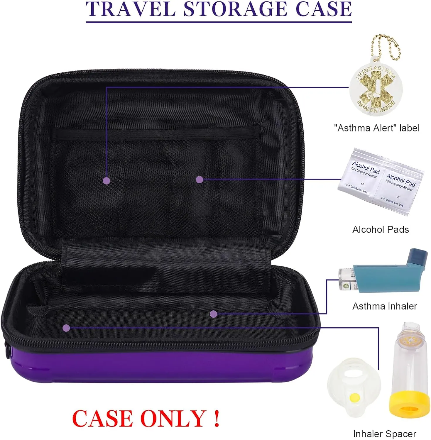 MGZNMTY Travel Carrying Case for Asthma Inhaler, Inhaler Spacer for Kids and Adults, Masks, Inhaler Holder Bag with Shoulder Crossbody Rope and Mesh Pocket for Medicine (Only Case) (Purple)