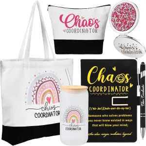 Mifoci 6 Pcs Chaos Coordinator Gifts Employee Appreciation Week Gift Thank You for Coworker Manager Women Employee Teacher 16oz Glass Cups A5 Leather Journal Pen Canvas Tote Makeup Mirror Bag(Black)
