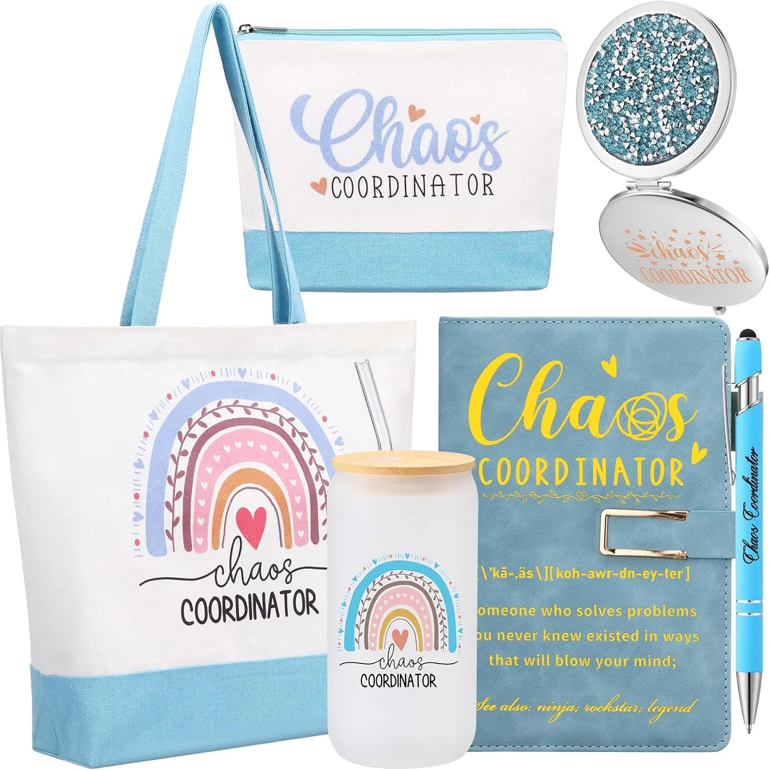 Mifoci 6 Pcs Chaos Coordinator Gifts Employee Appreciation Week Gift Thank You for Coworker Manager Women Employee Teacher 16oz Glass Cups A5 Leather Journal Pen Canvas Tote Makeup Mirror Bag(Blue)
