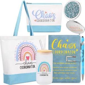 Mifoci 6 Pcs Chaos Coordinator Gifts Employee Appreciation Week Gift Thank You for Coworker Manager Women Employee Teacher 16oz Glass Cups A5 Leather Journal Pen Canvas Tote Makeup Mirror Bag(Blue)
