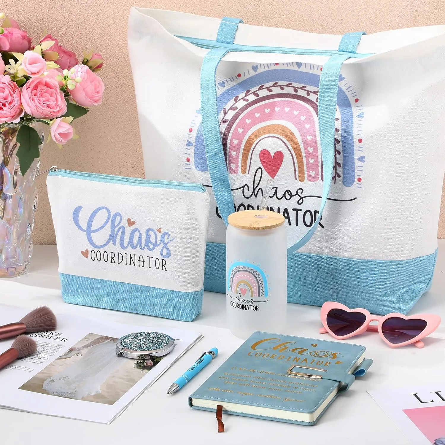 Mifoci 6 Pcs Chaos Coordinator Gifts Employee Appreciation Week Gift Thank You for Coworker Manager Women Employee Teacher 16oz Glass Cups A5 Leather Journal Pen Canvas Tote Makeup Mirror Bag(Blue)