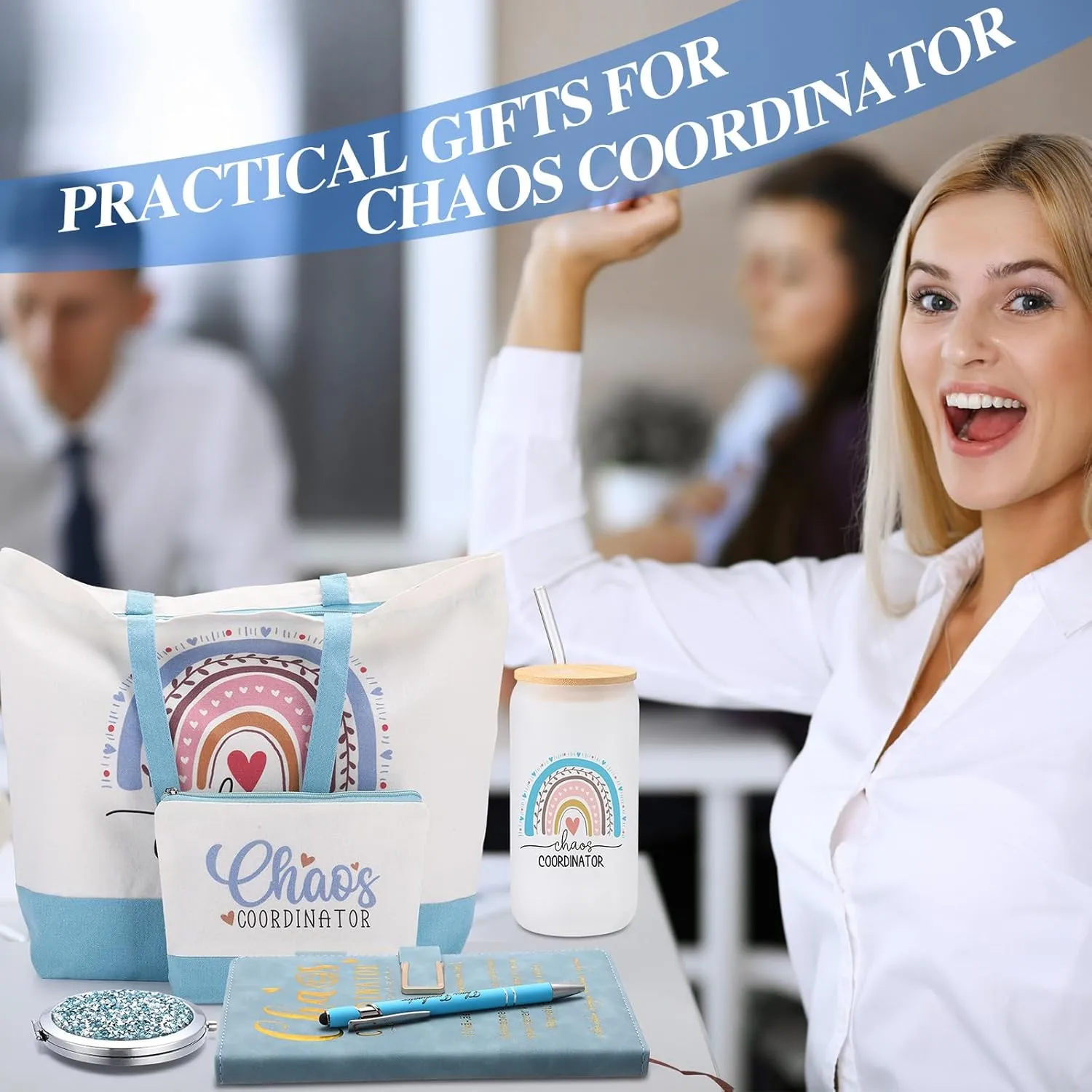 Mifoci 6 Pcs Chaos Coordinator Gifts Employee Appreciation Week Gift Thank You for Coworker Manager Women Employee Teacher 16oz Glass Cups A5 Leather Journal Pen Canvas Tote Makeup Mirror Bag(Blue)