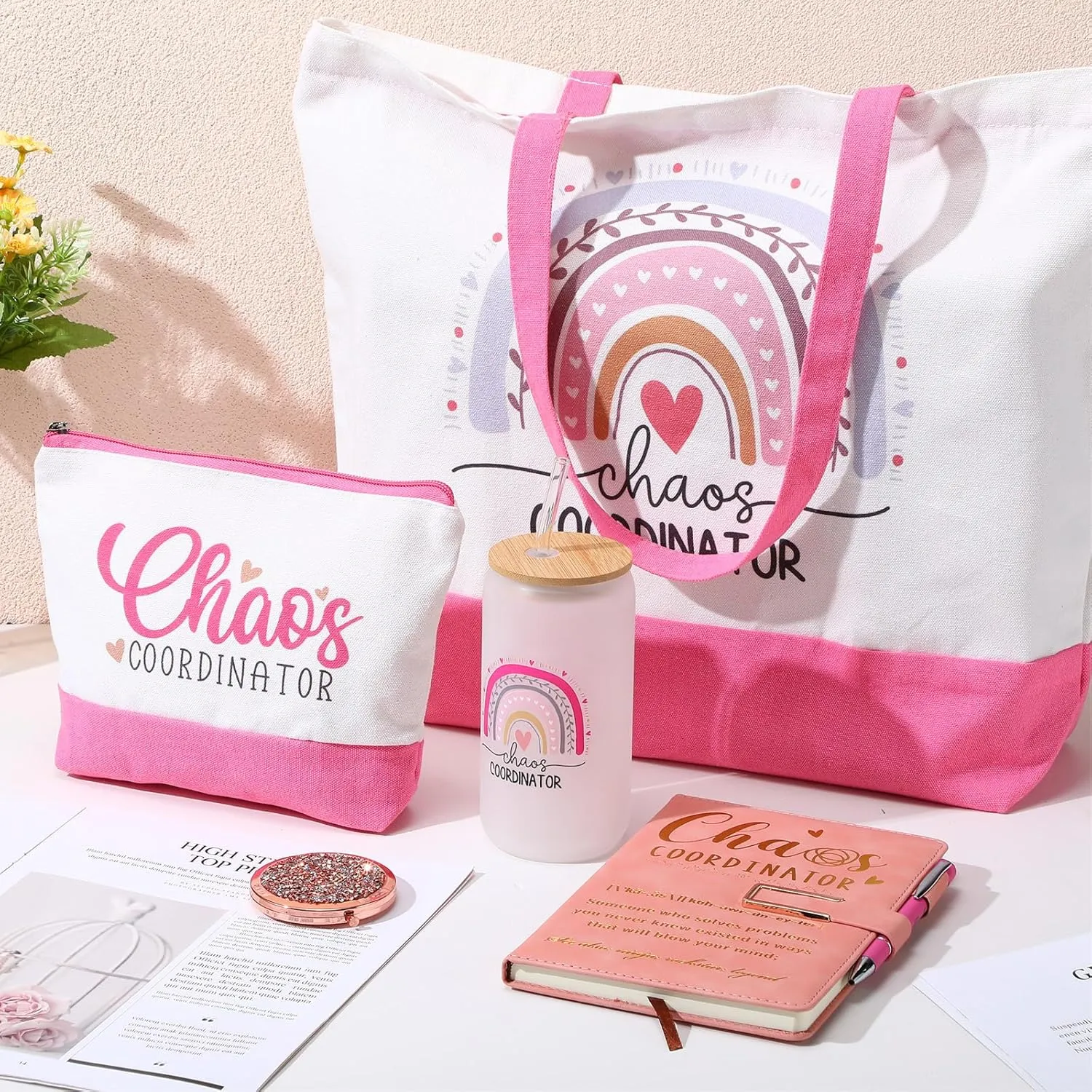 Mifoci 6 Pcs Chaos Coordinator Gifts Employee Appreciation Week Gift Thank You for Coworker Manager Women Employee Teacher 16oz Glass Cups A5 Leather Journal Pen Canvas Tote Makeup Mirror Bag(Pink)