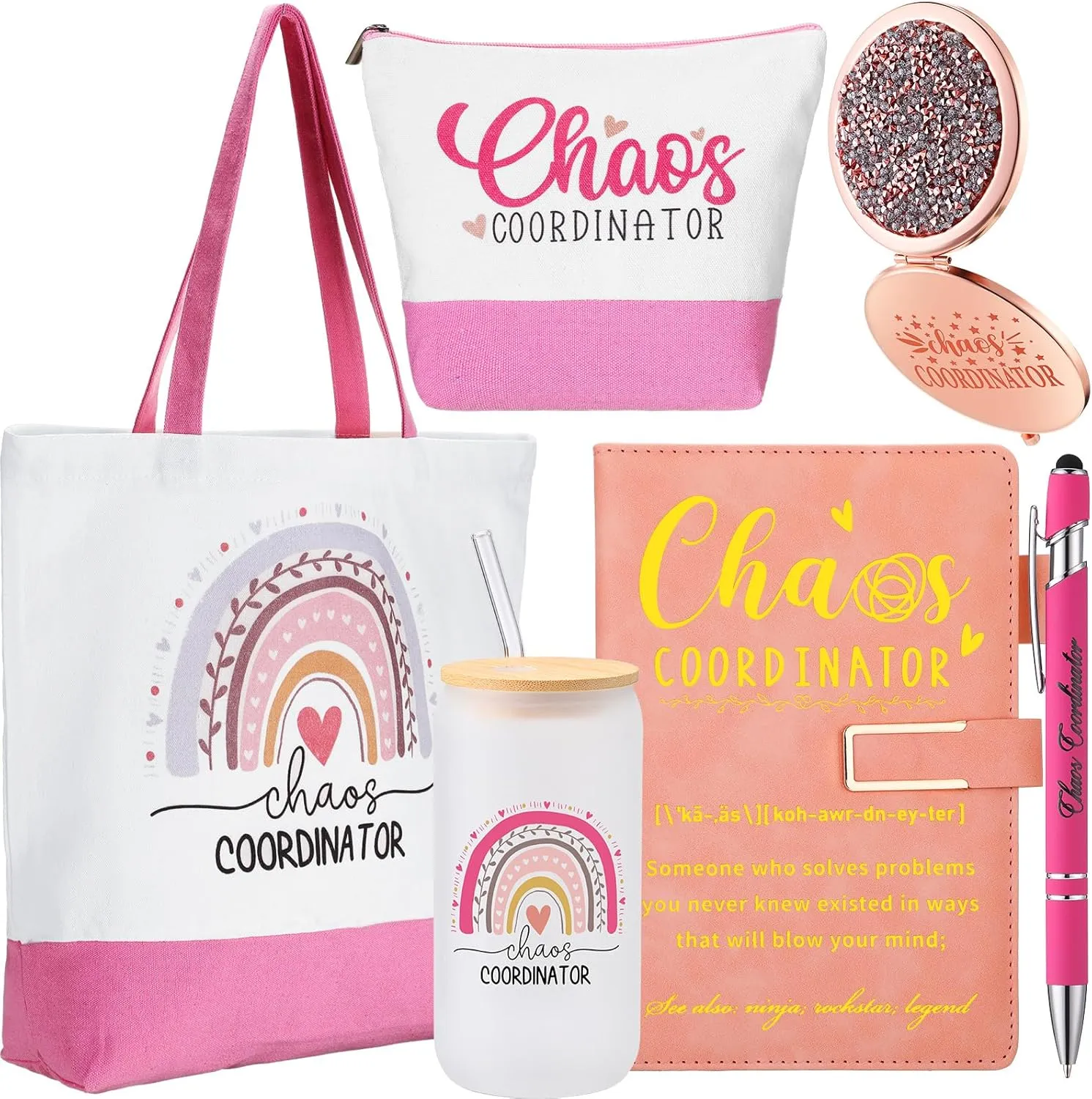 Mifoci 6 Pcs Chaos Coordinator Gifts Employee Appreciation Week Gift Thank You for Coworker Manager Women Employee Teacher 16oz Glass Cups A5 Leather Journal Pen Canvas Tote Makeup Mirror Bag(Pink)