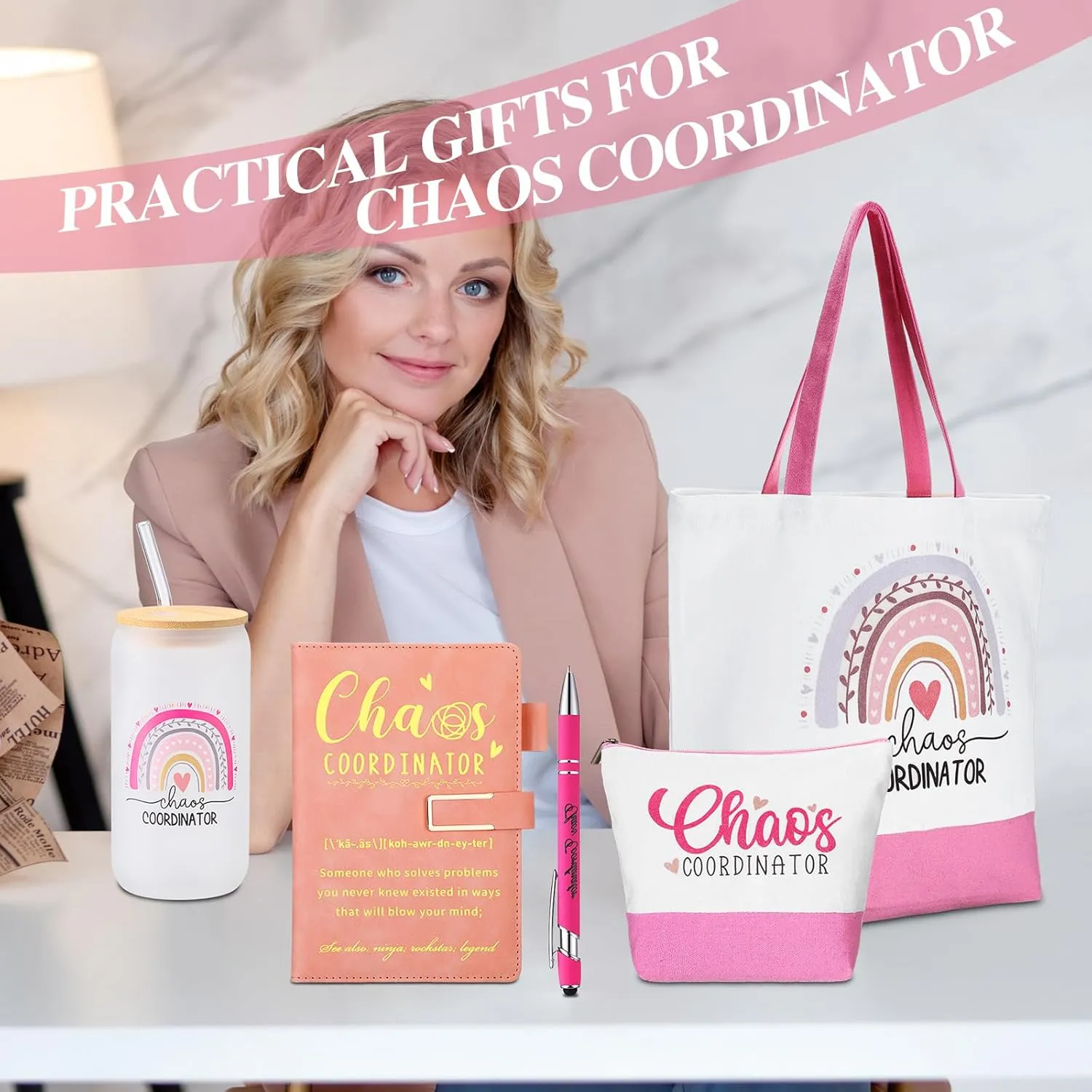 Mifoci 6 Pcs Chaos Coordinator Gifts Employee Appreciation Week Gift Thank You for Coworker Manager Women Employee Teacher 16oz Glass Cups A5 Leather Journal Pen Canvas Tote Makeup Mirror Bag(Pink)