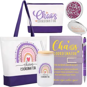 Mifoci 6 Pcs Chaos Coordinator Gifts Employee Appreciation Week Gift Thank You for Coworker Manager Women Employee Teacher 16oz Glass Cups A5 Leather Journal Pen Canvas Tote Makeup Mirror Bag(Purple)