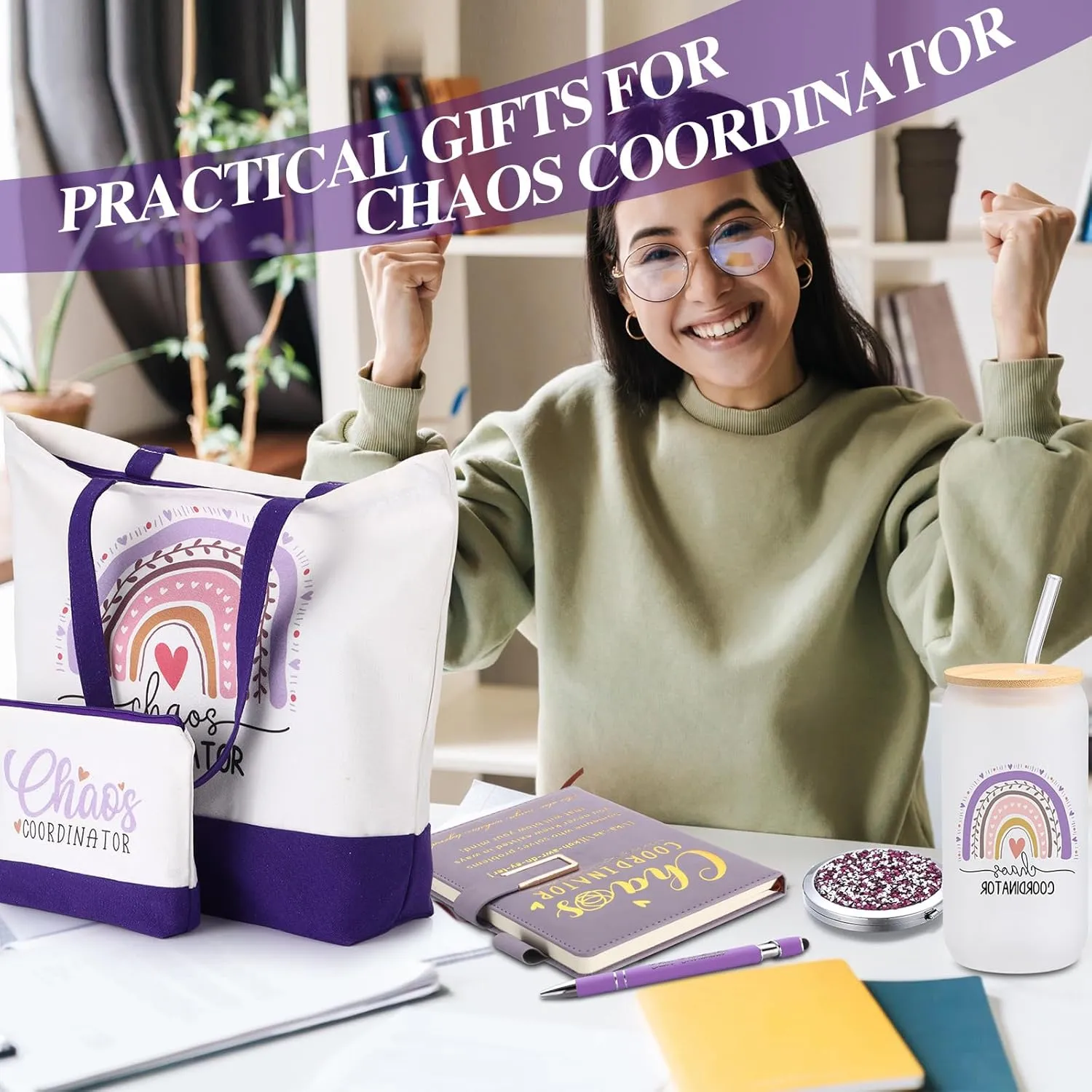 Mifoci 6 Pcs Chaos Coordinator Gifts Employee Appreciation Week Gift Thank You for Coworker Manager Women Employee Teacher 16oz Glass Cups A5 Leather Journal Pen Canvas Tote Makeup Mirror Bag(Purple)