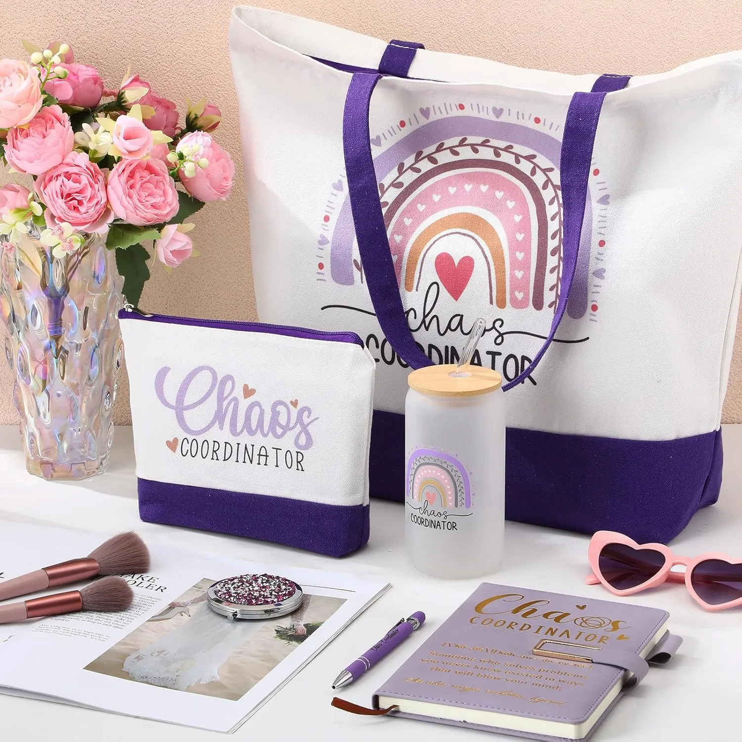 Mifoci 6 Pcs Chaos Coordinator Gifts Employee Appreciation Week Gift Thank You for Coworker Manager Women Employee Teacher 16oz Glass Cups A5 Leather Journal Pen Canvas Tote Makeup Mirror Bag(Purple)