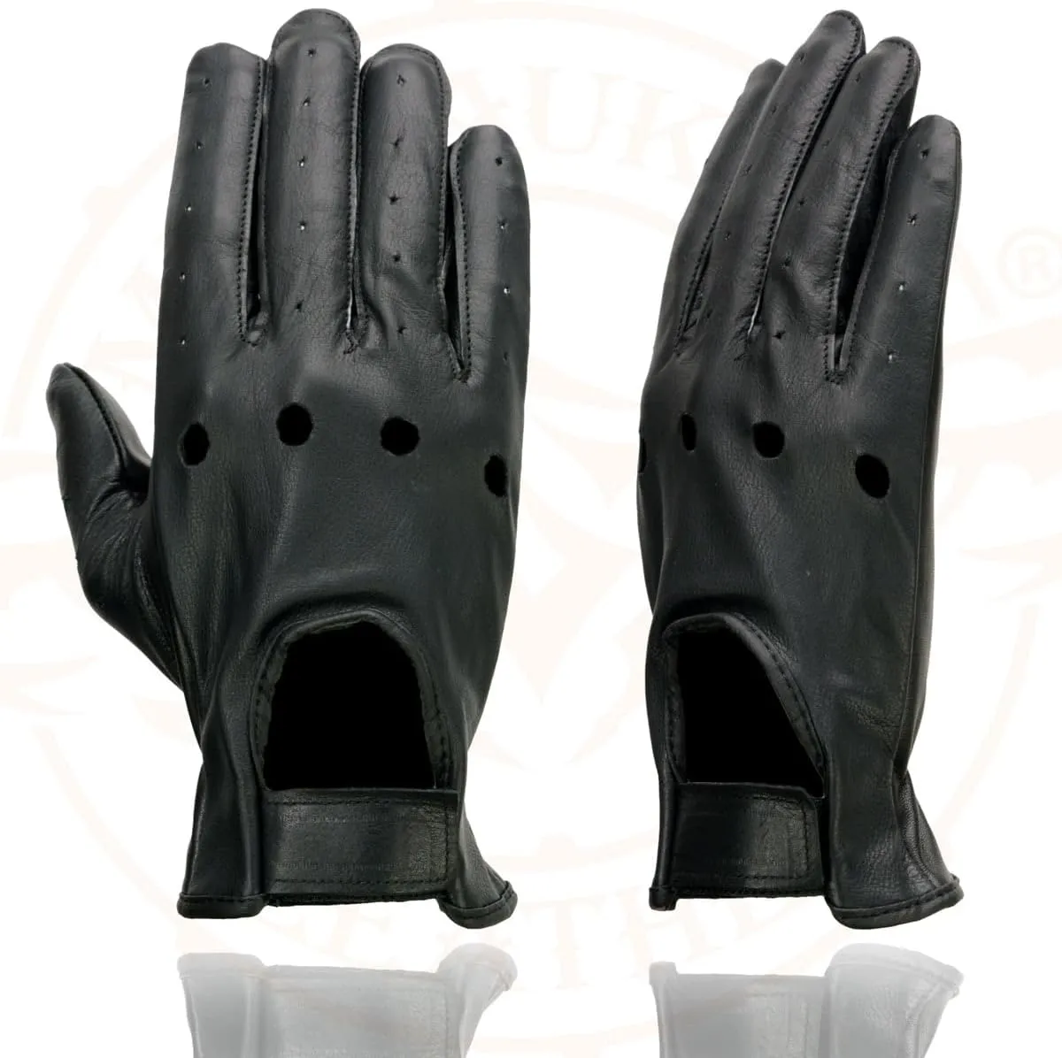 Milwaukee Leather SH247 Men's Black Perforated Leather Full Finger Motorcycle Hand Gloves W/Breathable ‘Open Knuckle’