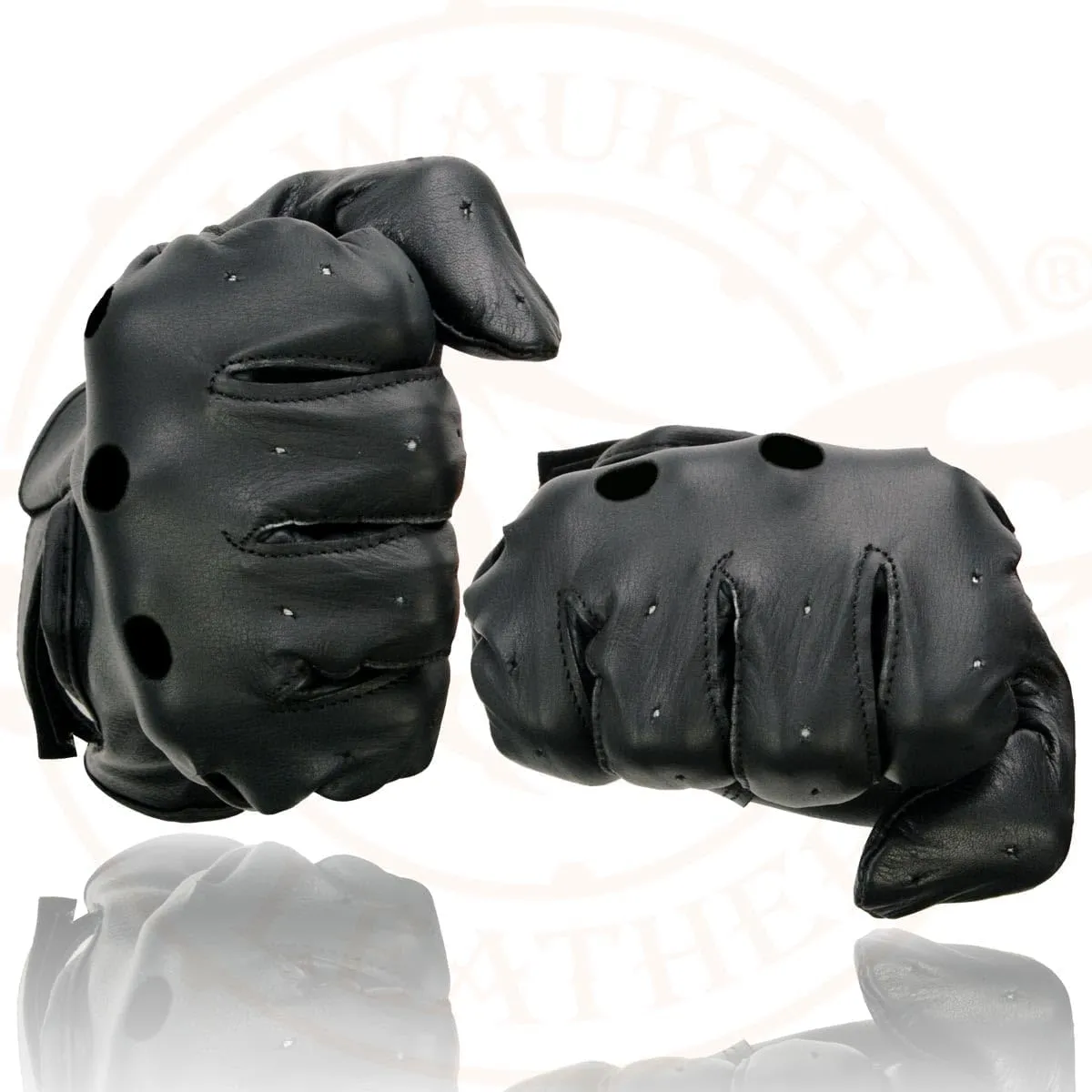 Milwaukee Leather SH247 Men's Black Perforated Leather Full Finger Motorcycle Hand Gloves W/Breathable ‘Open Knuckle’