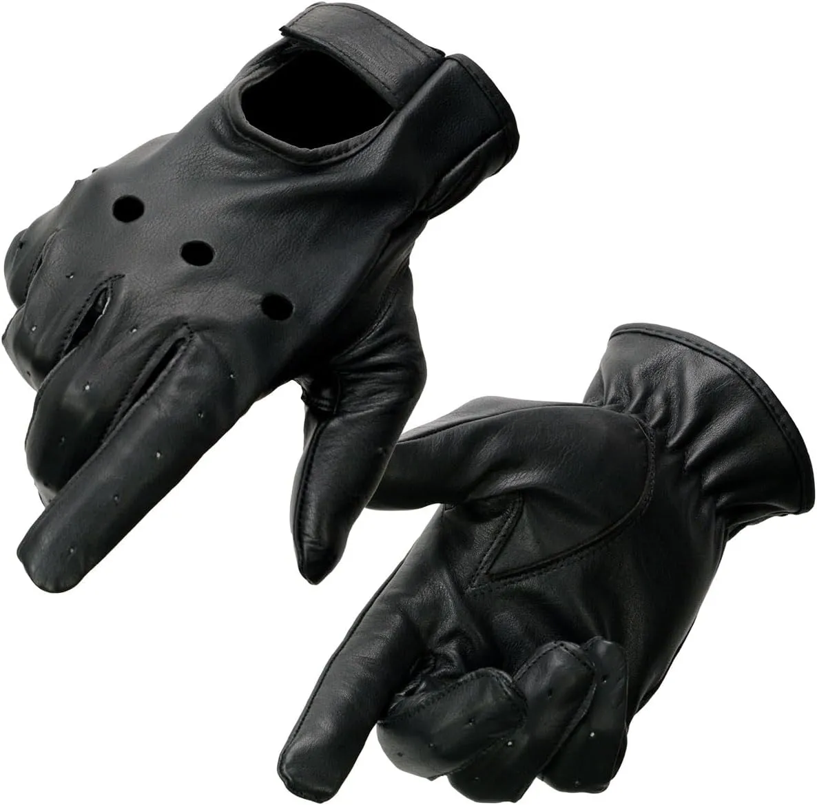 Milwaukee Leather SH247 Men's Black Perforated Leather Full Finger Motorcycle Hand Gloves W/Breathable ‘Open Knuckle’