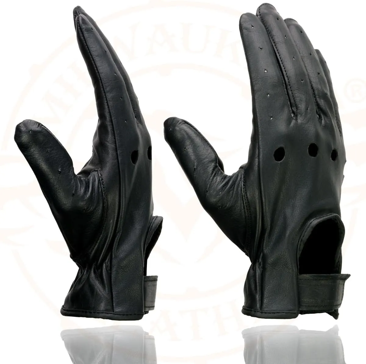 Milwaukee Leather SH247 Men's Black Perforated Leather Full Finger Motorcycle Hand Gloves W/Breathable ‘Open Knuckle’