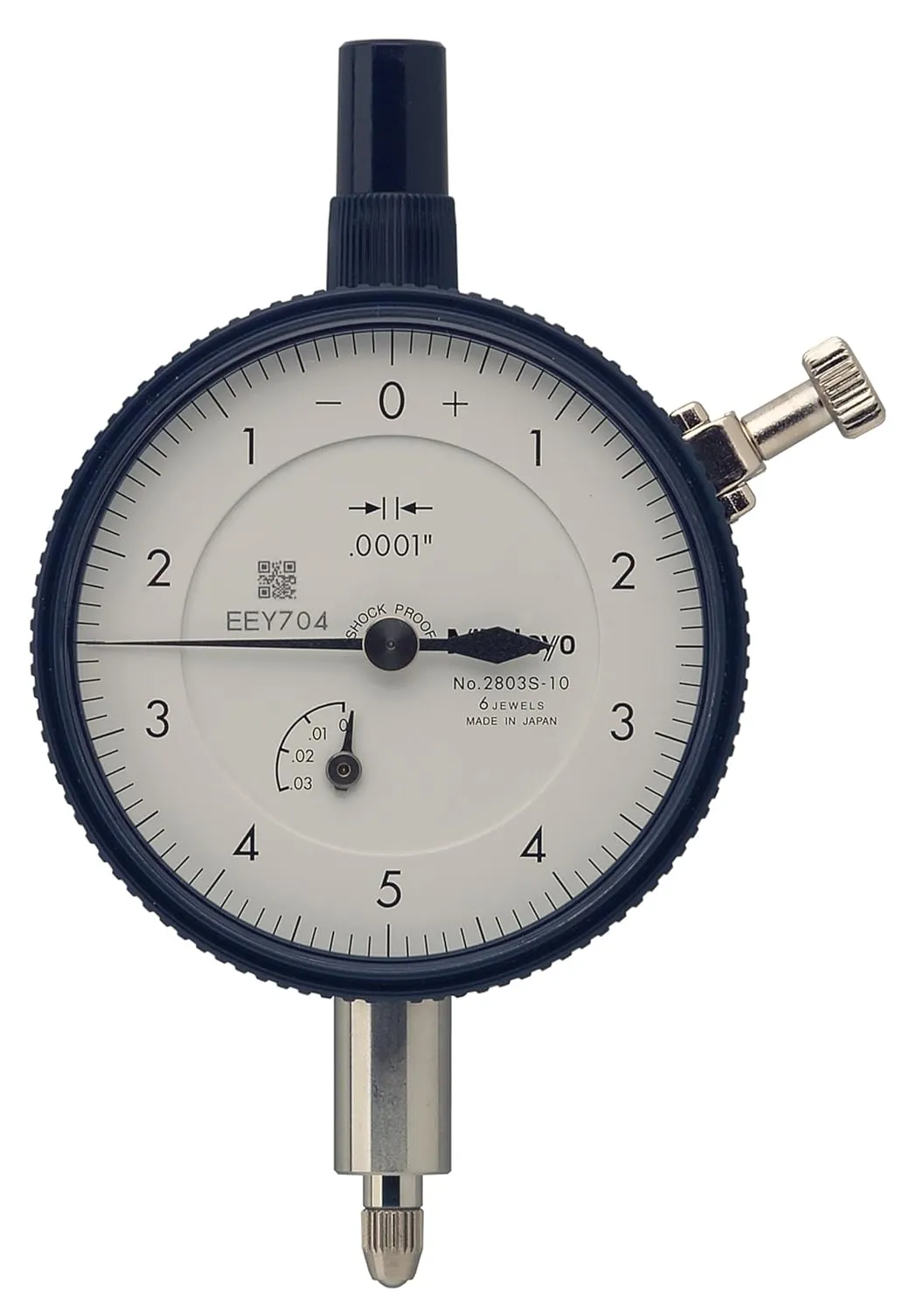 Mitutoyo 2803SB-10 Dial Indicator, #4-48 UNF Thread, 0.375" Stem Dia., Flat Back, White Dial, 0-5-0 Reading, 2.244" Dial Dia., 0-0.025" Range, 0.0001" Graduation,  /-0.0001" Accuracy