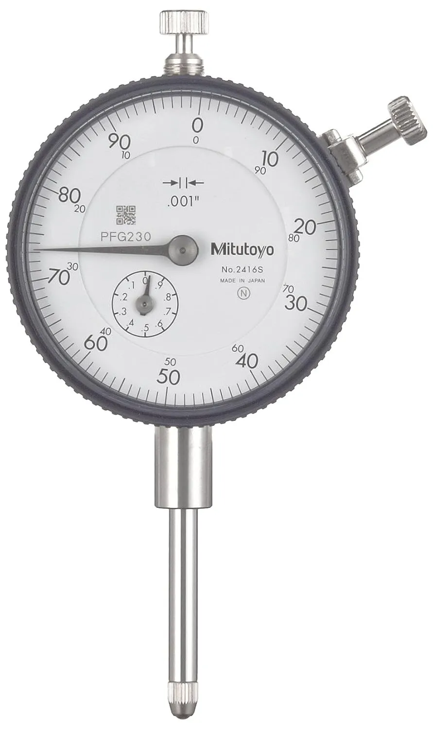 Mitutoyo "2416S" Dial Indicator, 4-48 UNF Thread, 0.375" Stem Dia., lug Back," White Dial, 0-100 Reading, 2.244" Dial Dia., 0-1" Range, 0.001" Graduation, -0.002" Accuracy