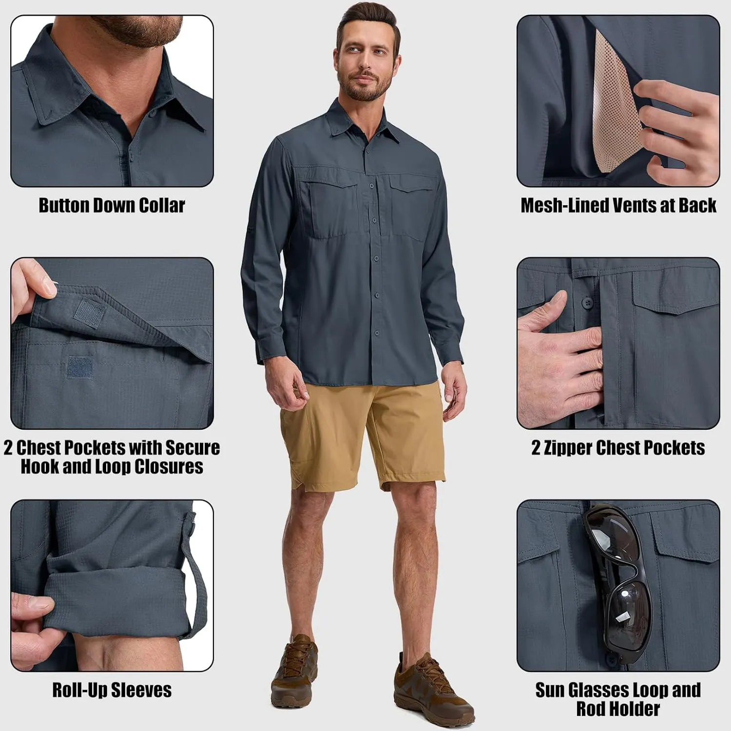 mixtiq Men's Sun Protection Safari Shirts Long Sleeve UPF 50  UV Quick Dry Travel Hiking Fishing Shirts with Zipper