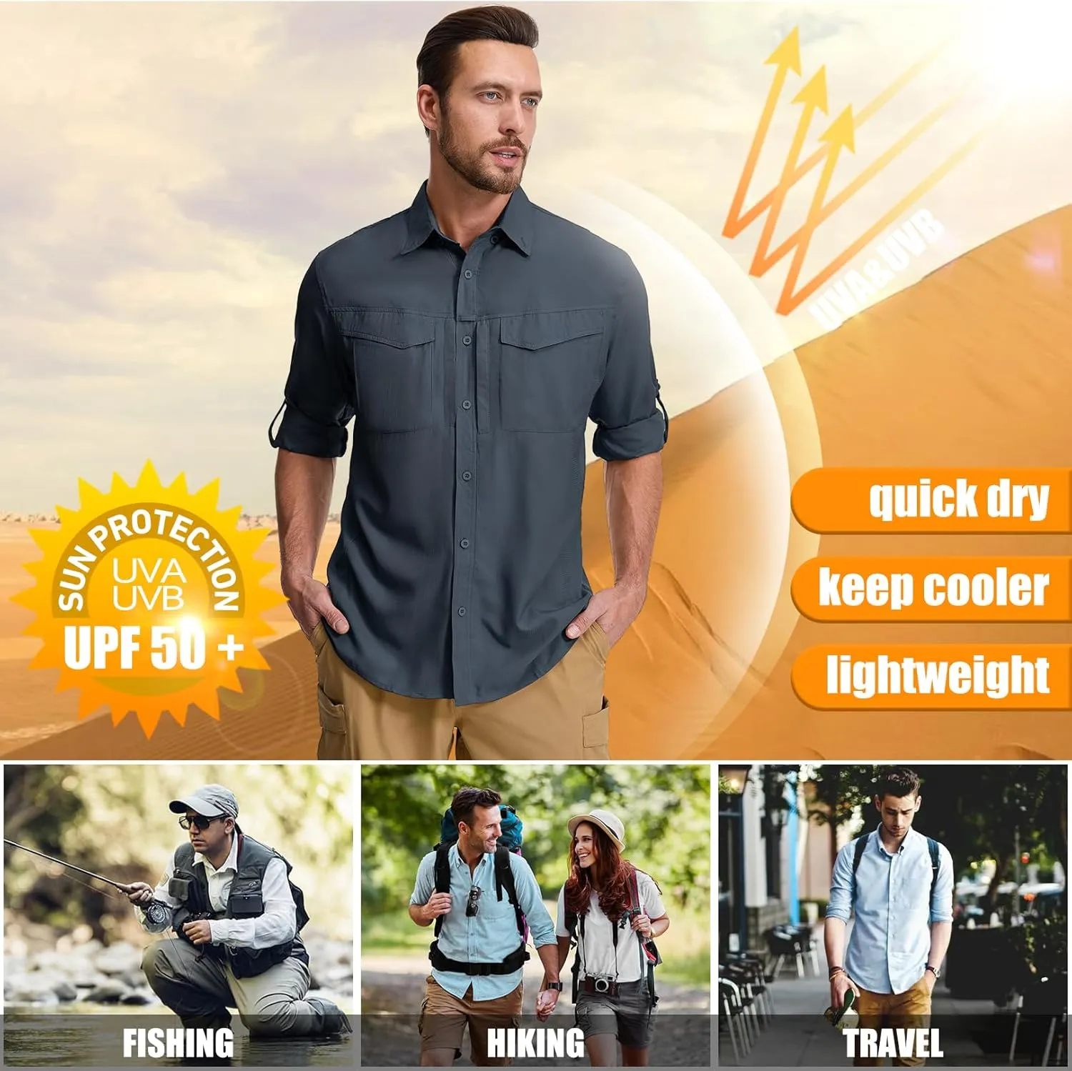 mixtiq Men's Sun Protection Safari Shirts Long Sleeve UPF 50  UV Quick Dry Travel Hiking Fishing Shirts with Zipper