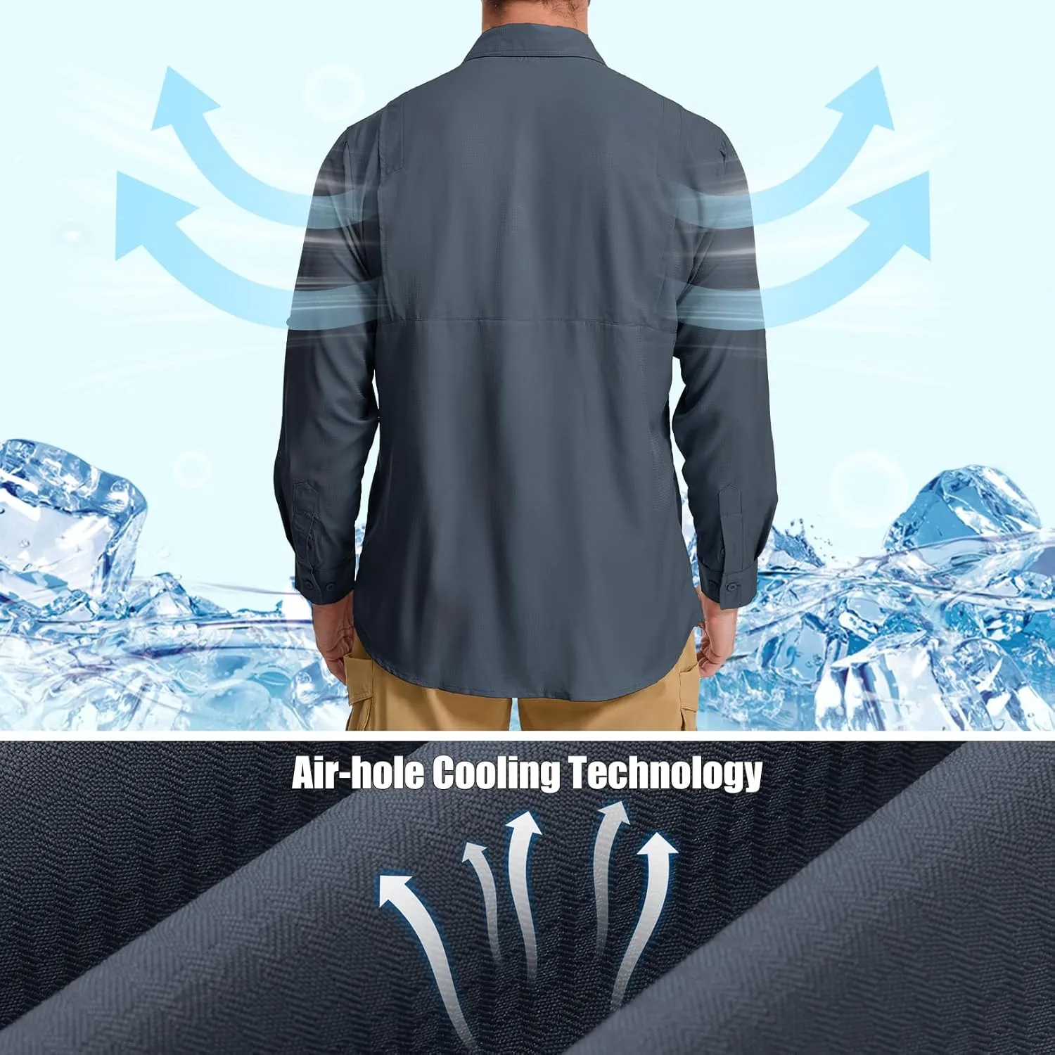 mixtiq Men's Sun Protection Safari Shirts Long Sleeve UPF 50  UV Quick Dry Travel Hiking Fishing Shirts with Zipper