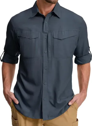 mixtiq Men's Sun Protection Safari Shirts Long Sleeve UPF 50  UV Quick Dry Travel Hiking Fishing Shirts with Zipper