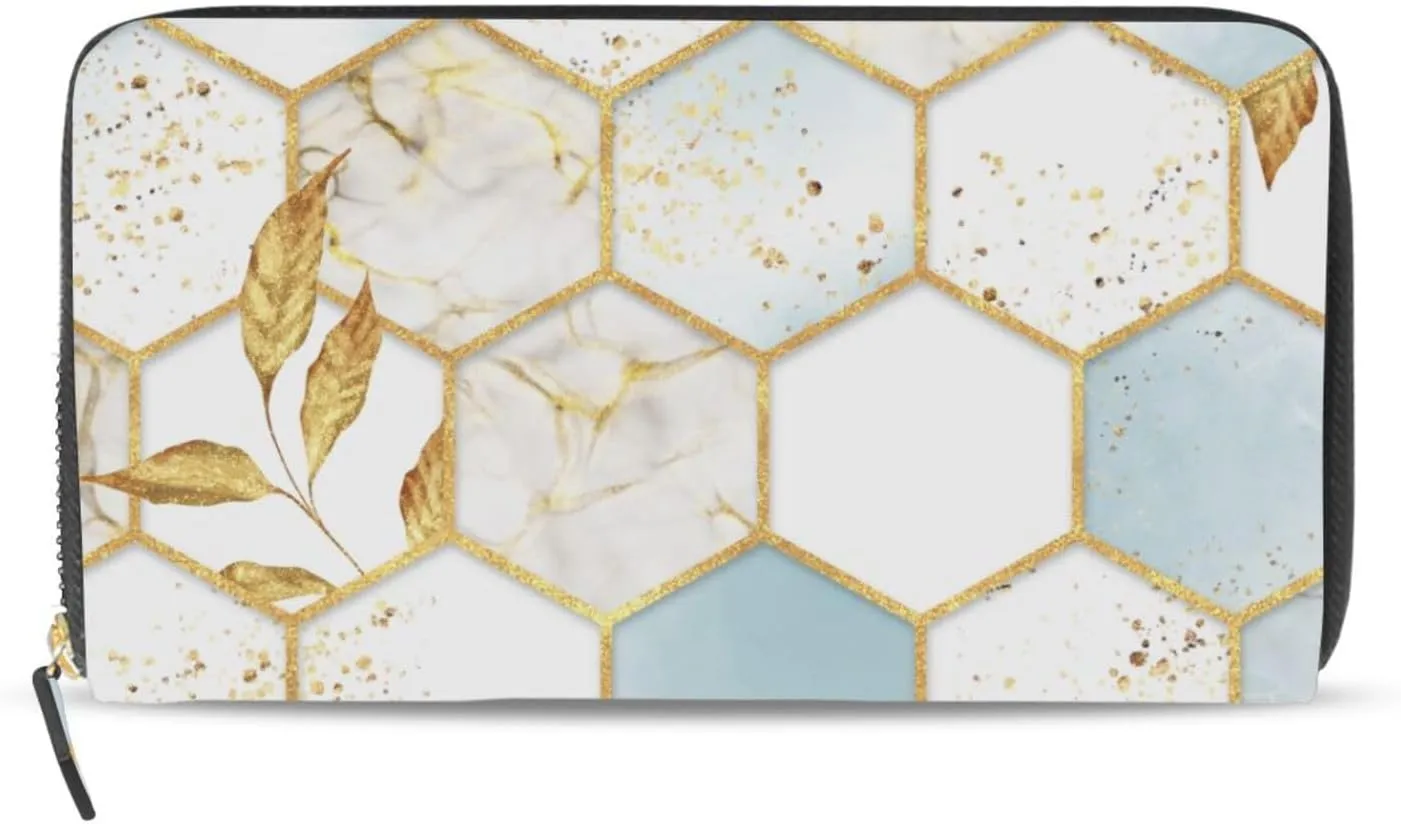 Modern Marbling Gold White Marble Geometric Rhombus with Gold Leaves Leather Long Wallet Organizer with Zipper Purse Clutch Bag for Women Men Key Card Coin Passport Checkbook 8 x 4 inch