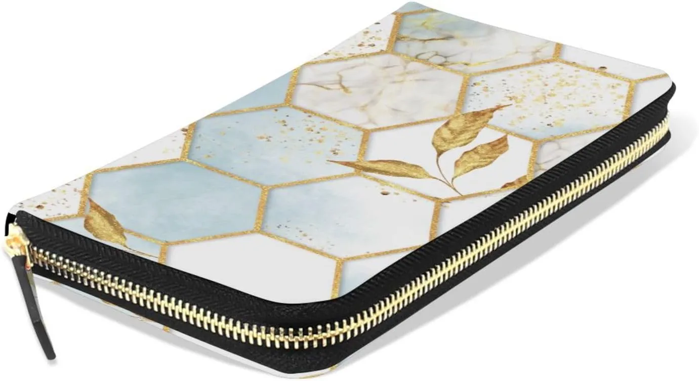 Modern Marbling Gold White Marble Geometric Rhombus with Gold Leaves Leather Long Wallet Organizer with Zipper Purse Clutch Bag for Women Men Key Card Coin Passport Checkbook 8 x 4 inch