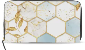 Modern Marbling Gold White Marble Geometric Rhombus with Gold Leaves Leather Long Wallet Organizer with Zipper Purse Clutch Bag for Women Men Key Card Coin Passport Checkbook 8 x 4 inch