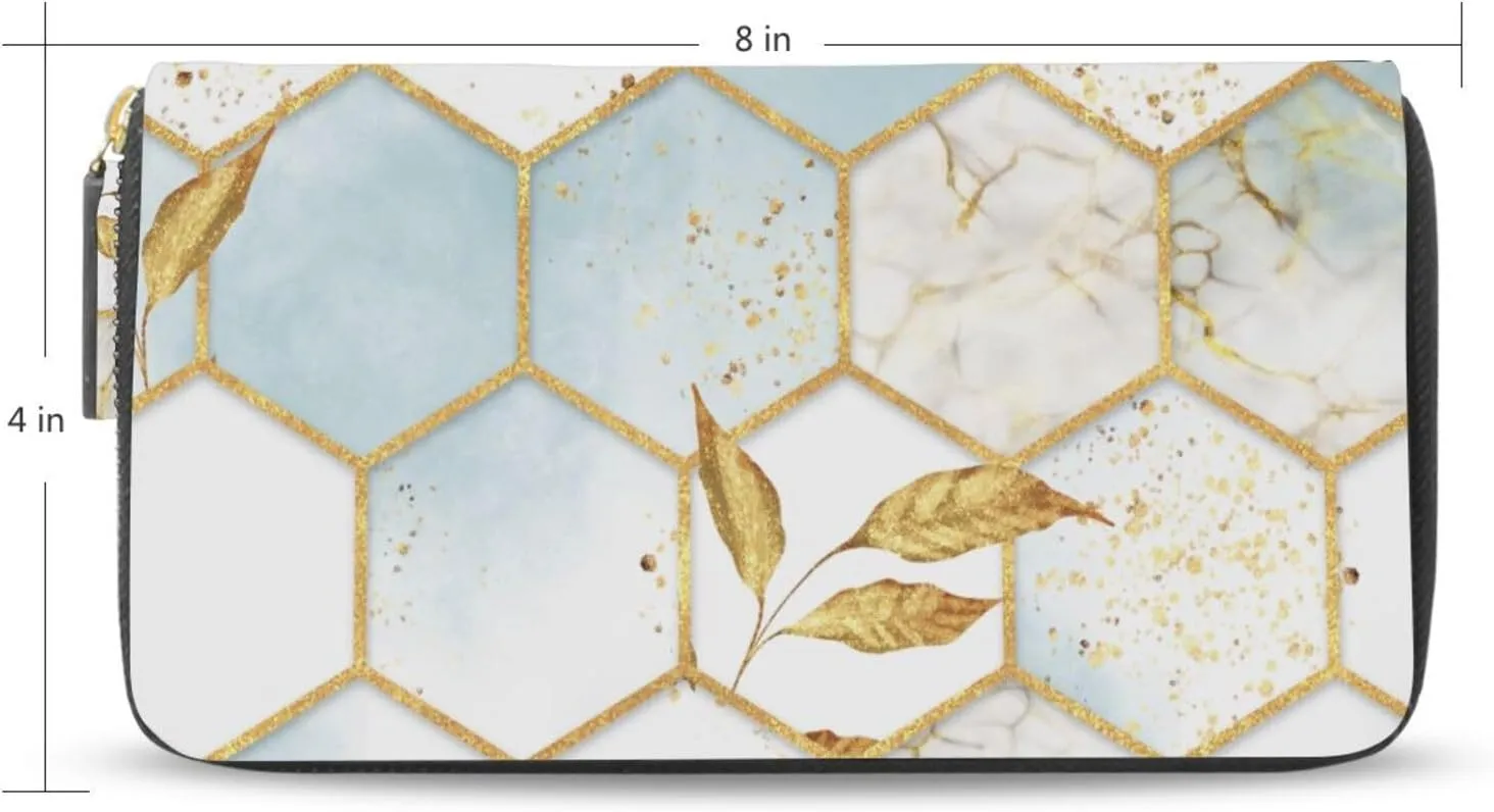 Modern Marbling Gold White Marble Geometric Rhombus with Gold Leaves Leather Long Wallet Organizer with Zipper Purse Clutch Bag for Women Men Key Card Coin Passport Checkbook 8 x 4 inch