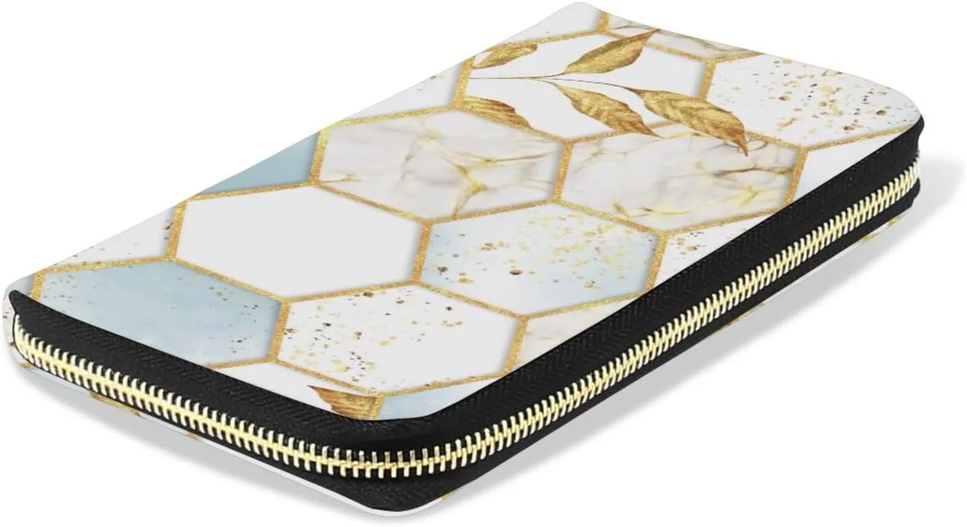 Modern Marbling Gold White Marble Geometric Rhombus with Gold Leaves Leather Long Wallet Organizer with Zipper Purse Clutch Bag for Women Men Key Card Coin Passport Checkbook 8 x 4 inch
