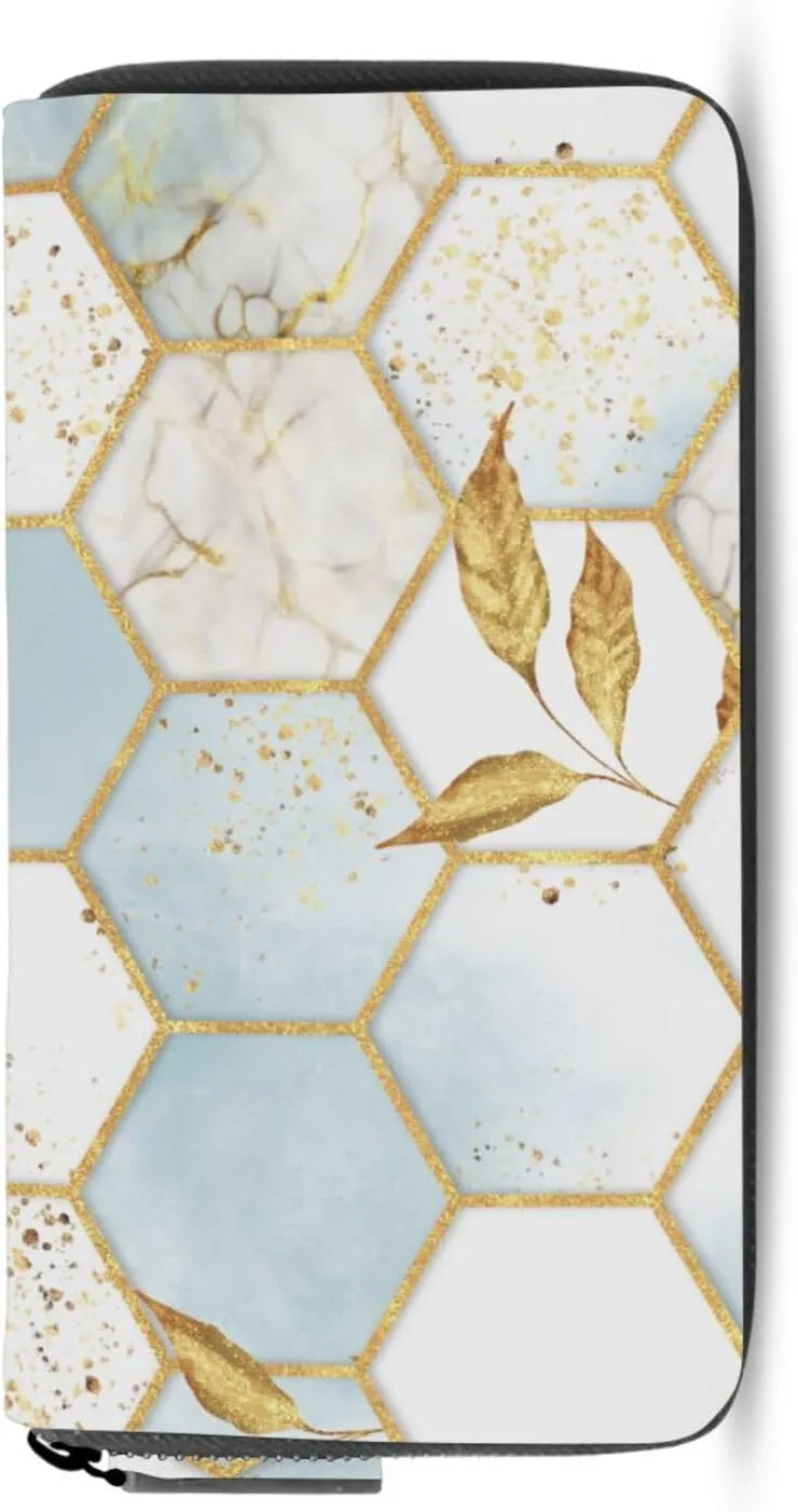 Modern Marbling Gold White Marble Geometric Rhombus with Gold Leaves Leather Long Wallet Organizer with Zipper Purse Clutch Bag for Women Men Key Card Coin Passport Checkbook 8 x 4 inch