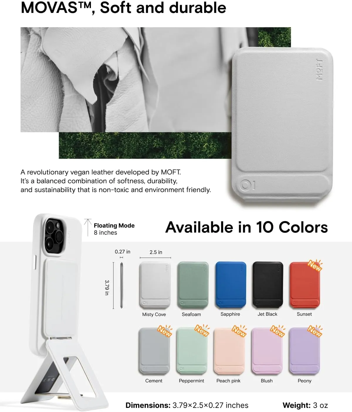 MOFT Phone Tripod Stand Compatible with iPhone 16/15/14/13/12 Series, Angle Adjustment & Strong Magnets MOVAS Vegan Leather Invisible Selfie Stick Tripod, Misty Cove (Without Card Slot)