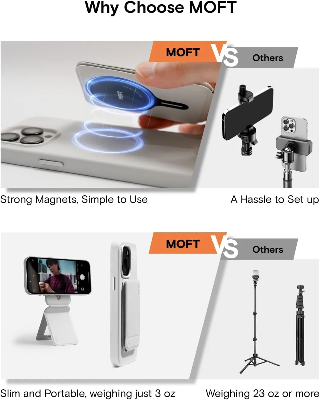 MOFT Phone Tripod Stand Compatible with iPhone 16/15/14/13/12 Series, Angle Adjustment & Strong Magnets MOVAS Vegan Leather Invisible Selfie Stick Tripod, Misty Cove (Without Card Slot)