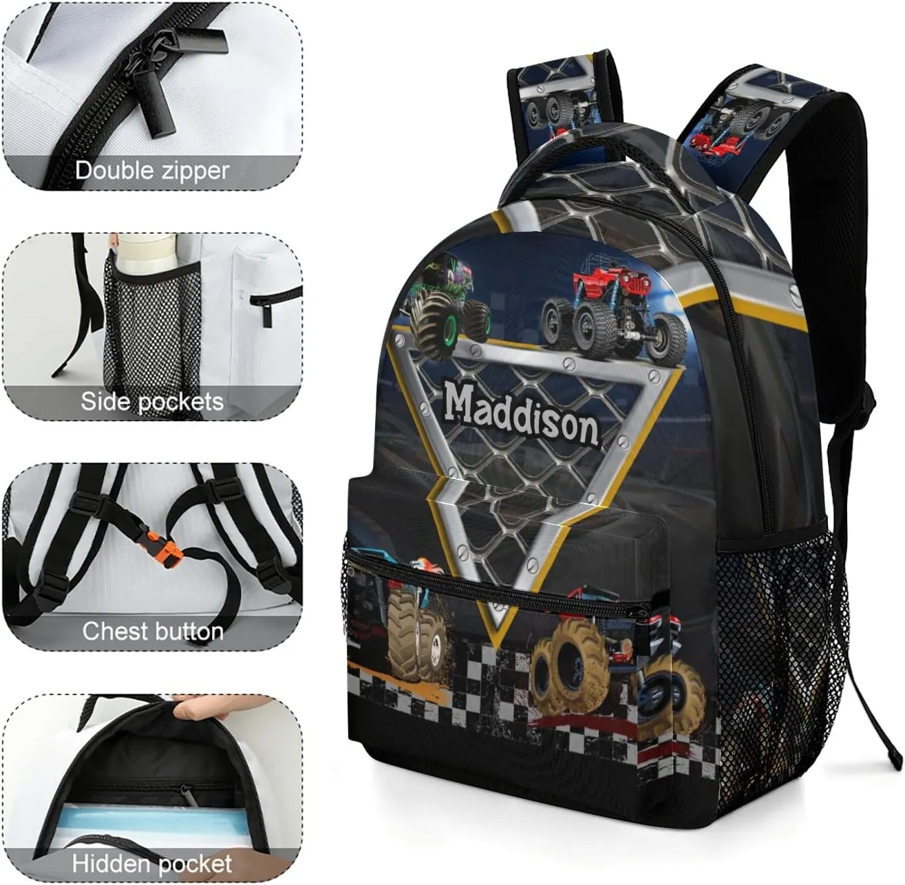 Monster Truck Personalized School Backpack for Kid-Boy/Girl Primary Daypack Travel Bookbag, Option 5, K10255