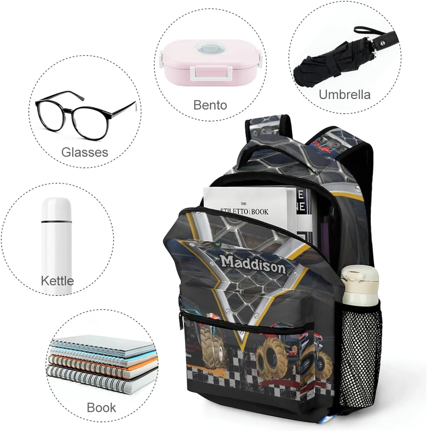 Monster Truck Personalized School Backpack for Kid-Boy/Girl Primary Daypack Travel Bookbag, Option 5, K10255