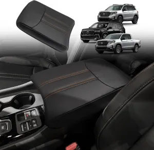 Muslogy Center Console Cover Compatible with Honda Pilot 2023 2024 2025, 2024-2026 Ridgeline/Passport Accessories Armrest Pad Lid Cushion Console Protector Vegan Leather Extra Soft(Black/Orange Trim)
