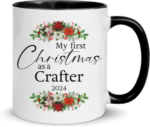 My First Christmas as a Crafter 2024 Coffee Mug Black Accent Christmas Gifts for Leather Jewelry Woodcrater Lenscrafter Manager Cup Birthday New Year Party Decor, 11oz Ceramic