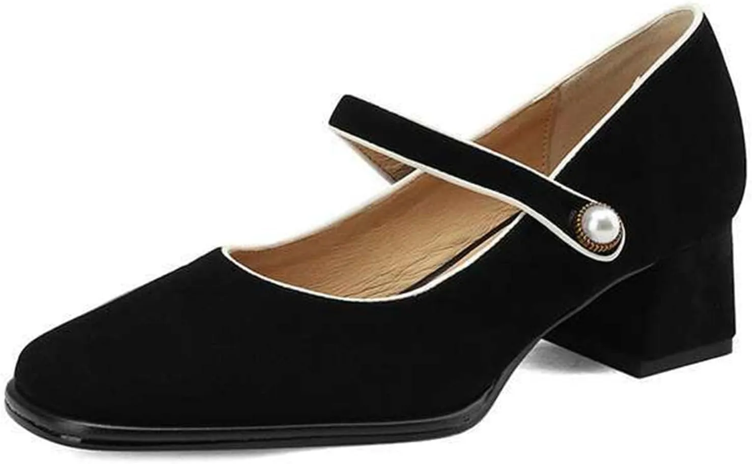 Myallfeet Women's Square Toe Retro Suede Suede Thick Heels Mary Jane Shoes Comfortable Buckle Casual Thick Heeled Dress Shoes