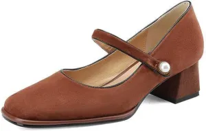 Myallfeet Women's Square Toe Retro Suede Suede Thick Heels Mary Jane Shoes Comfortable Buckle Casual Thick Heeled Dress Shoes