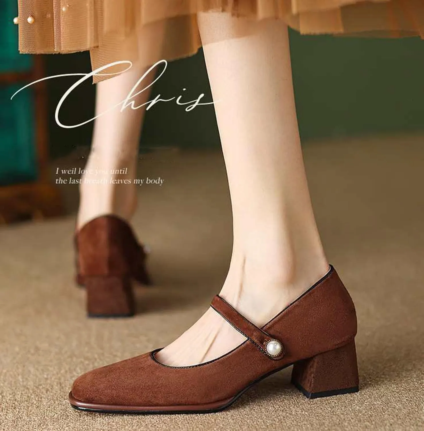 Myallfeet Women's Square Toe Retro Suede Suede Thick Heels Mary Jane Shoes Comfortable Buckle Casual Thick Heeled Dress Shoes