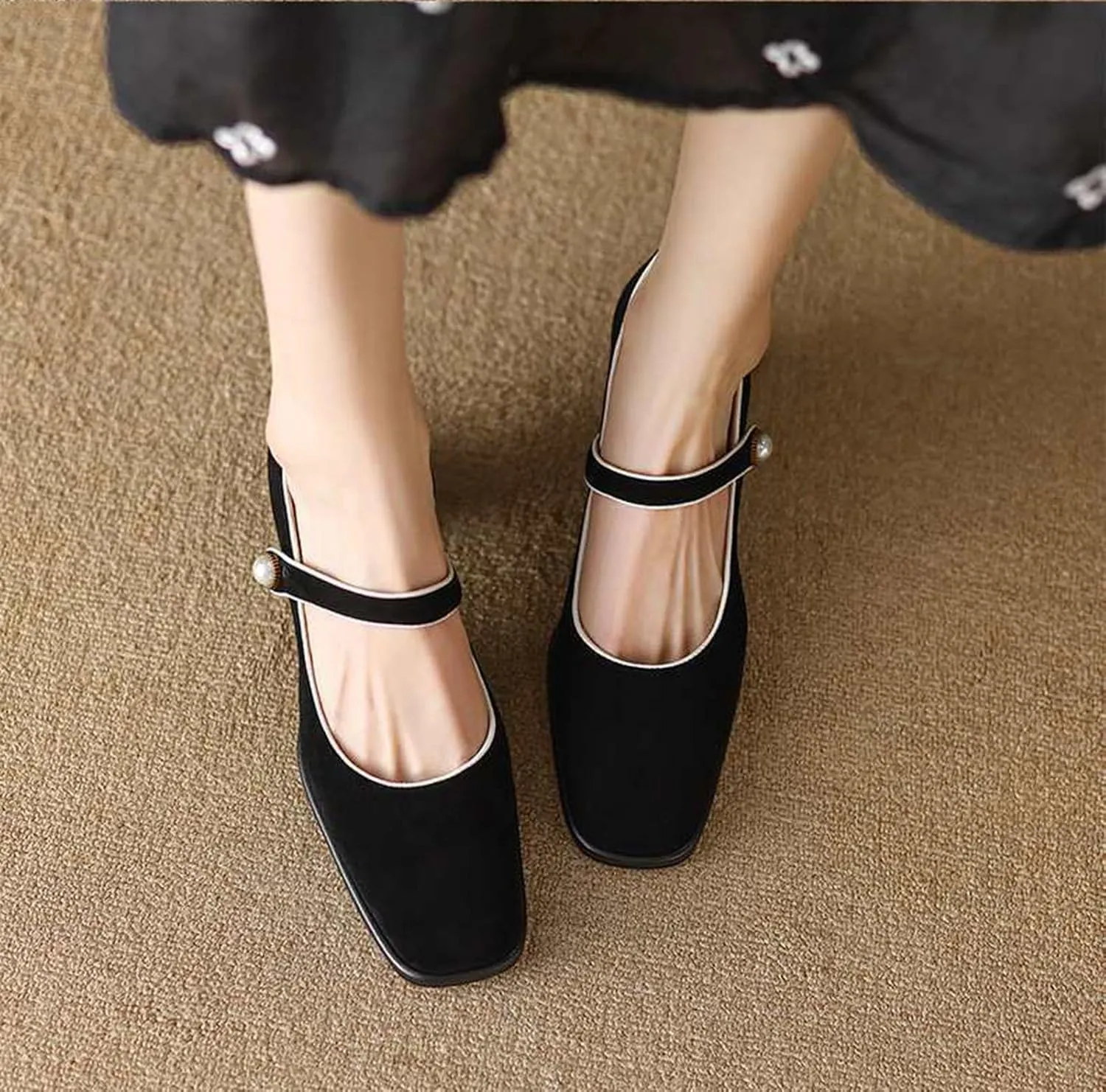 Myallfeet Women's Square Toe Retro Suede Suede Thick Heels Mary Jane Shoes Comfortable Buckle Casual Thick Heeled Dress Shoes