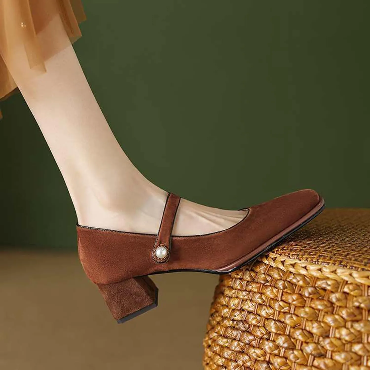Myallfeet Women's Square Toe Retro Suede Suede Thick Heels Mary Jane Shoes Comfortable Buckle Casual Thick Heeled Dress Shoes
