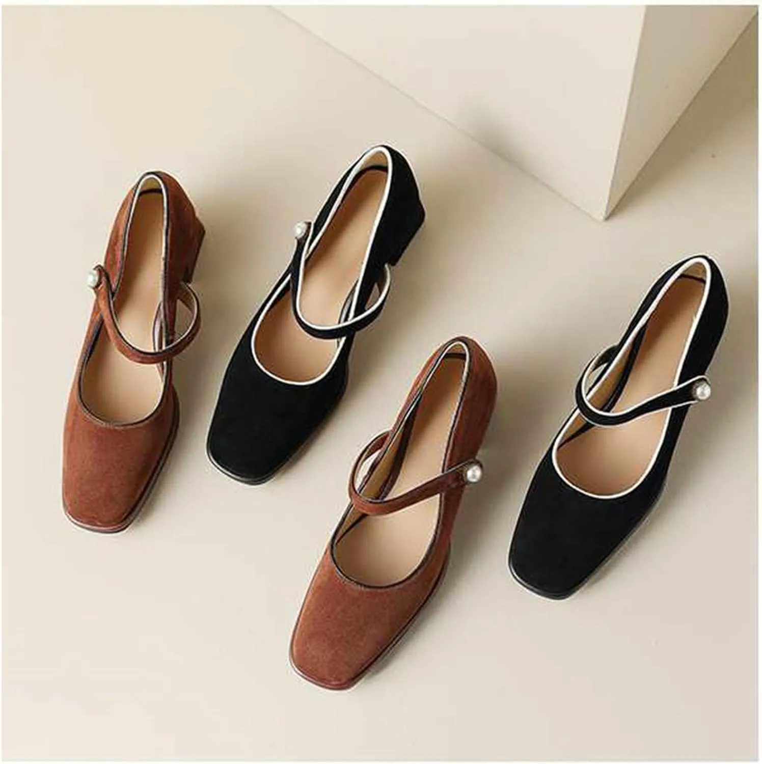 Myallfeet Women's Square Toe Retro Suede Suede Thick Heels Mary Jane Shoes Comfortable Buckle Casual Thick Heeled Dress Shoes
