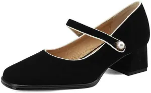Myallfeet Women's Square Toe Retro Suede Suede Thick Heels Mary Jane Shoes Comfortable Buckle Casual Thick Heeled Dress Shoes