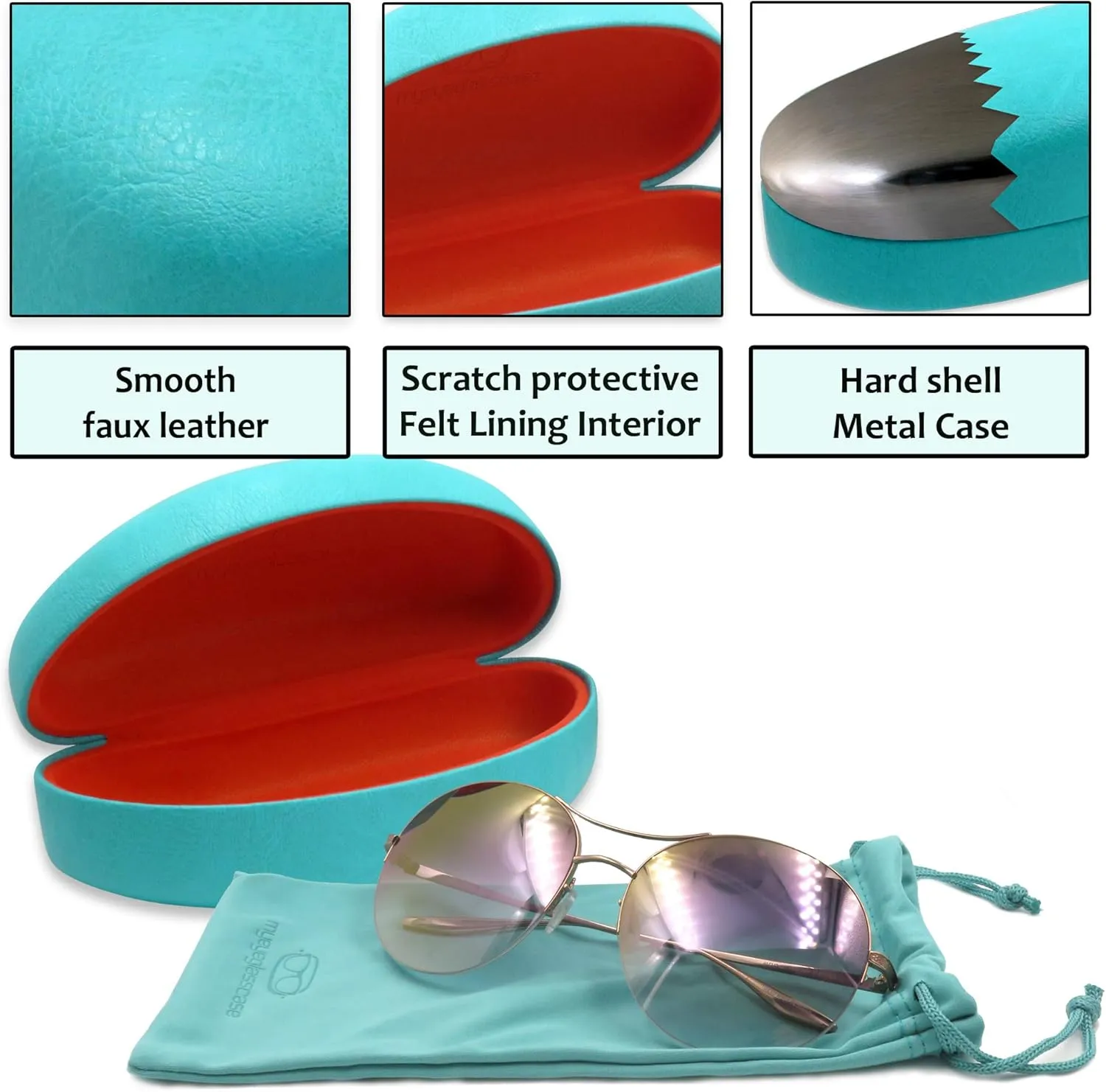 MyEyeglassCase Large Curved Sunglasses Case - Women Hard Shell Glasses Holder - XL Large Eyeglass Case with Pouch &Cloth