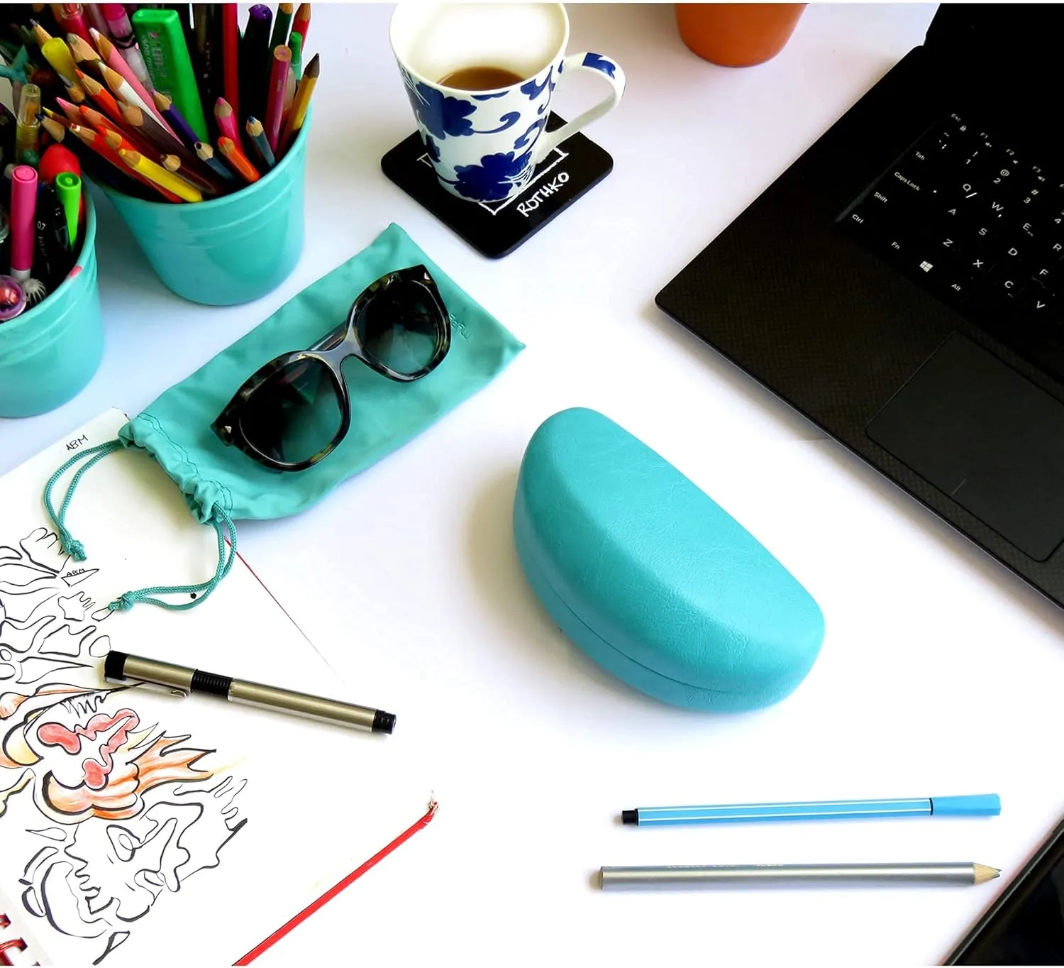 MyEyeglassCase Large Curved Sunglasses Case - Women Hard Shell Glasses Holder - XL Large Eyeglass Case with Pouch &Cloth