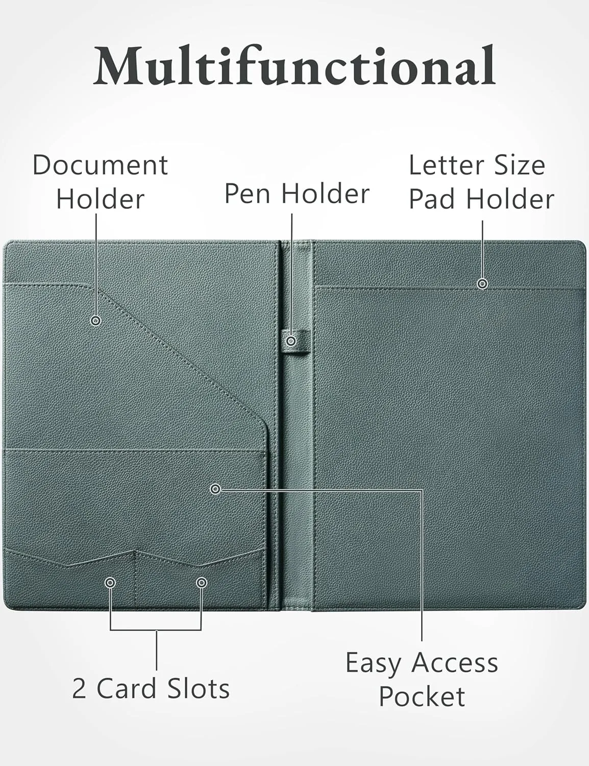 Mymazn Padfolio Portfolio Folder, Faux Leather Interview Resume Folder with Document Organizer & Business Card Holder, Letter-Sized Notepad Legal Pad Holder for Men Women (Grey Green)